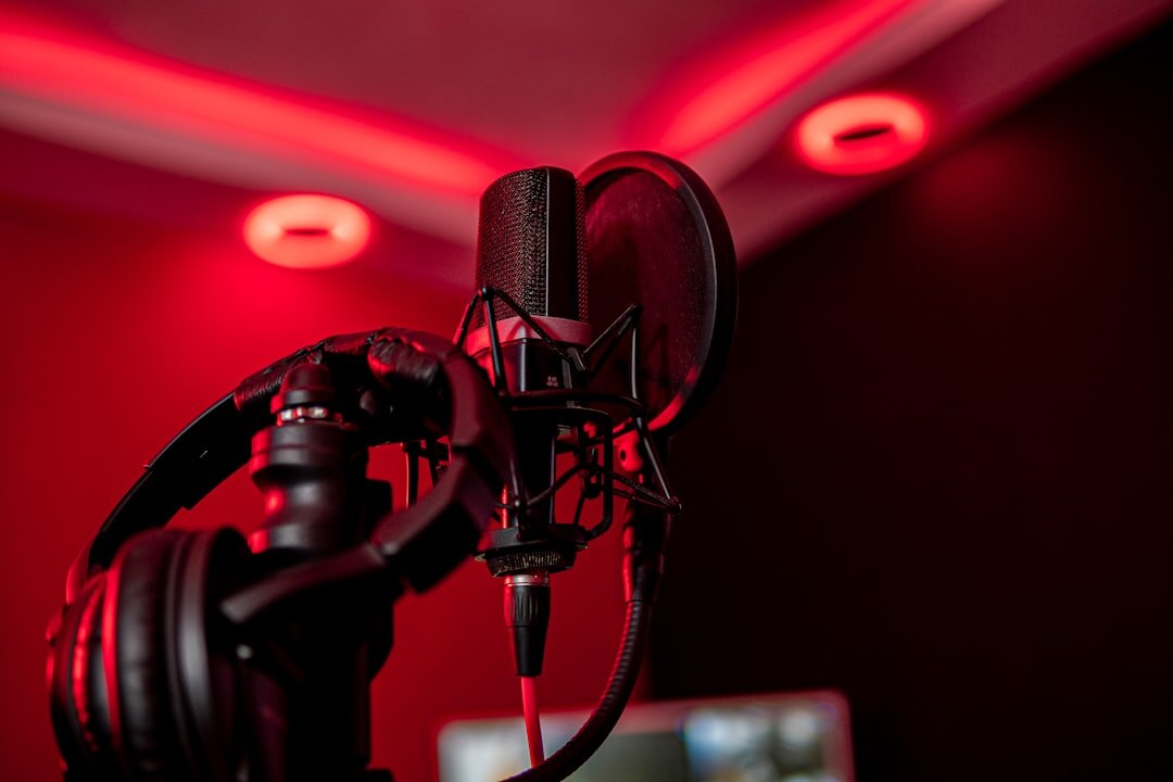 Podcast recording studio with microphone and headphones