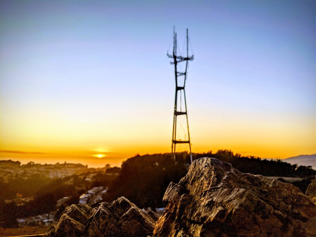 Iconic Portuguese radio station transmitter tower at sunset